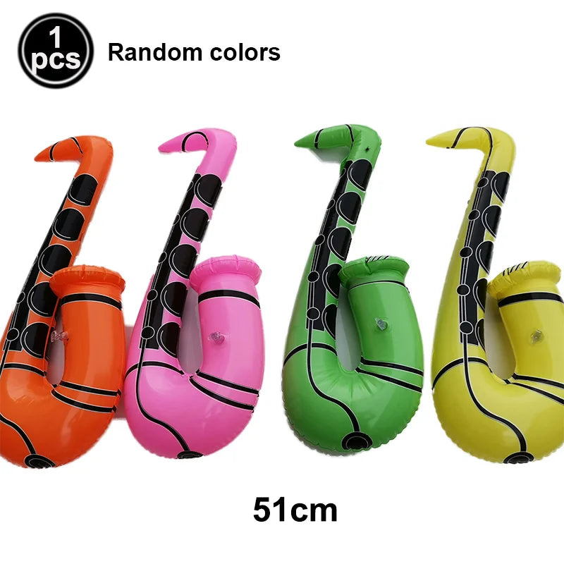 Inflatable saxophone in vibrant colors with black circular patterns for microphone balloons karaoke 80s 90s party decor