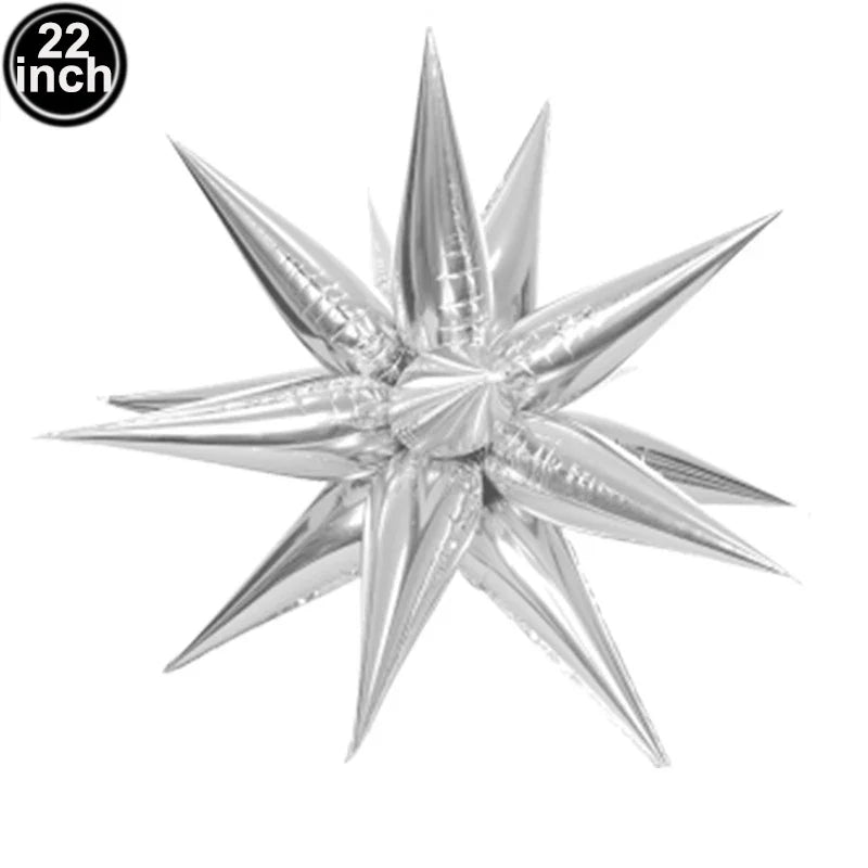 A 22-inch silver metallic star-shaped balloon with pointed reflective spikes for microphone balloons karaoke 80s 90s party decor