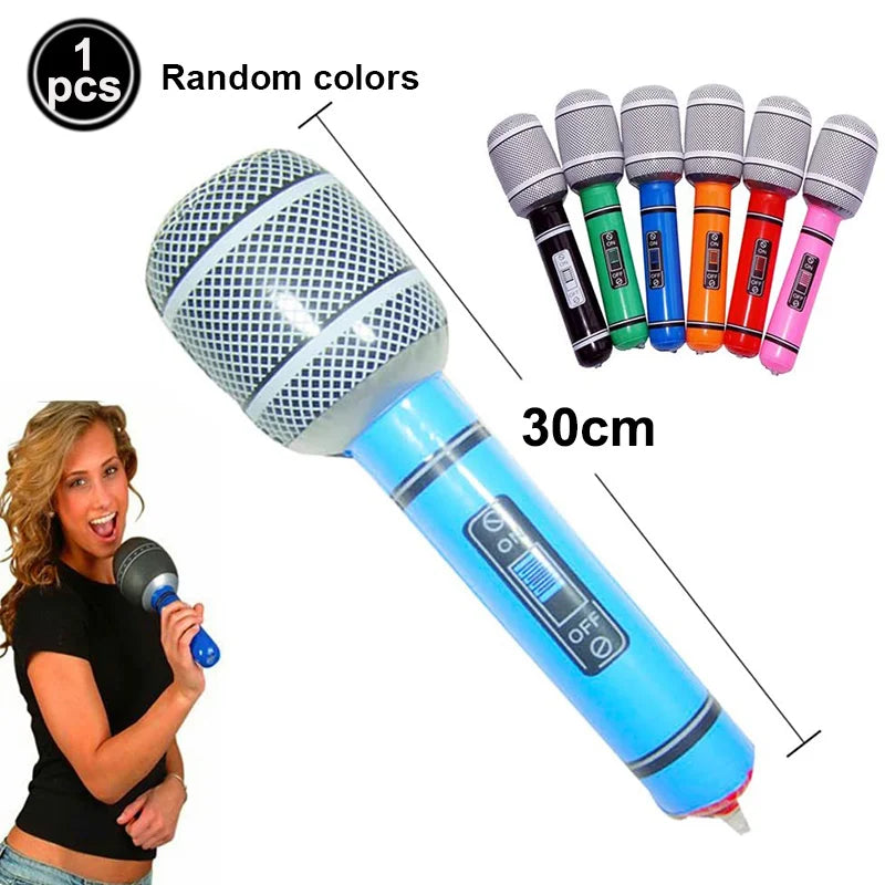 Inflatable blue microphone balloon with silver mesh grille and black accents for microphone balloons karaoke 80s 90s party boy rapper hip