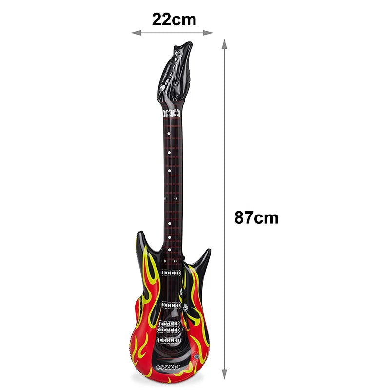 Inflatable electric guitar with black body and flame decals for microphone balloons karaoke 80s 90s party boy rapper hip decor