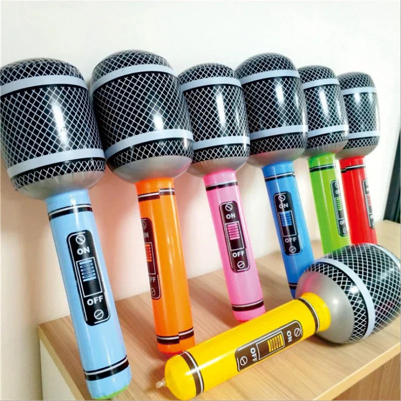 Inflatable microphone balloons karaoke in vibrant blue orange pink green and yellow with black mesh for 80s 90s party boy rapper hip hop decor