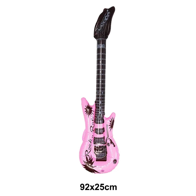 Pink inflatable rock guitar with black accents and rock n roll text for microphone balloons karaoke 80s 90s party boy rapper hip decor