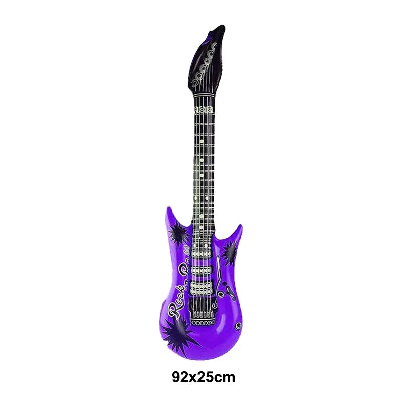 Purple inflatable electric guitar with black starburst decals and silver hardware for microphone balloons karaoke 80s 90s party