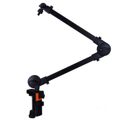 Black adjustable microphone boom arm with orange clamp accent for 360° rotation sturdy universal microphone stand
