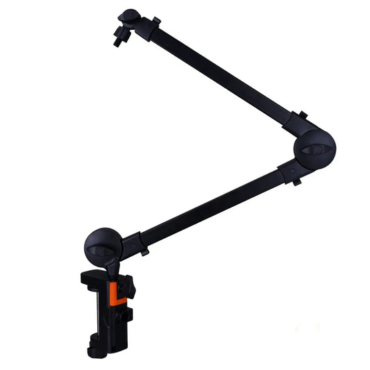 Black adjustable microphone boom arm with orange clamp accent for 360° rotation sturdy universal microphone stand
