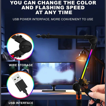 Black adjustable desk lamp with rgb lighting and usb power interface paired with microphone boom arm stand