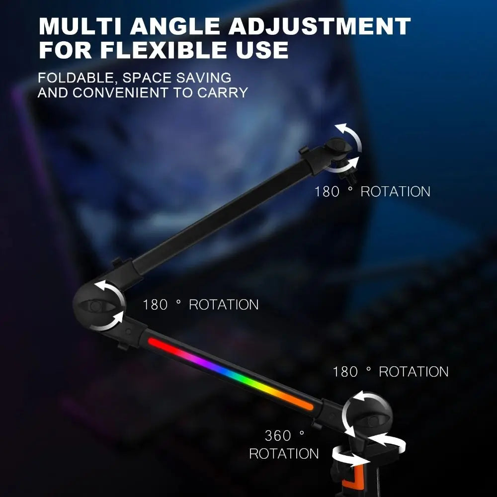 Black adjustable led desk lamp arm with multi-angle rotation and rainbow lighting for microphone boom arm use