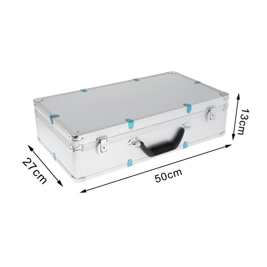Silver aluminum microphone carrying case with black handle and teal accent clips for mic gear storage and mixer accessories stages