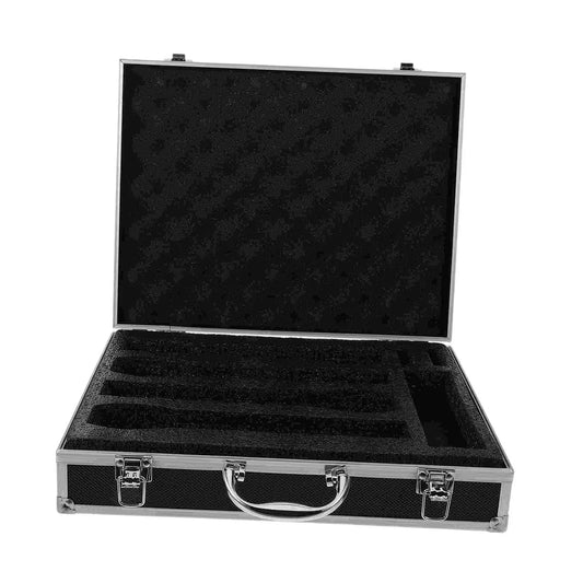 Black aluminum microphone carrying studio with molded foam interior and silver latches for mics storage broadcast use