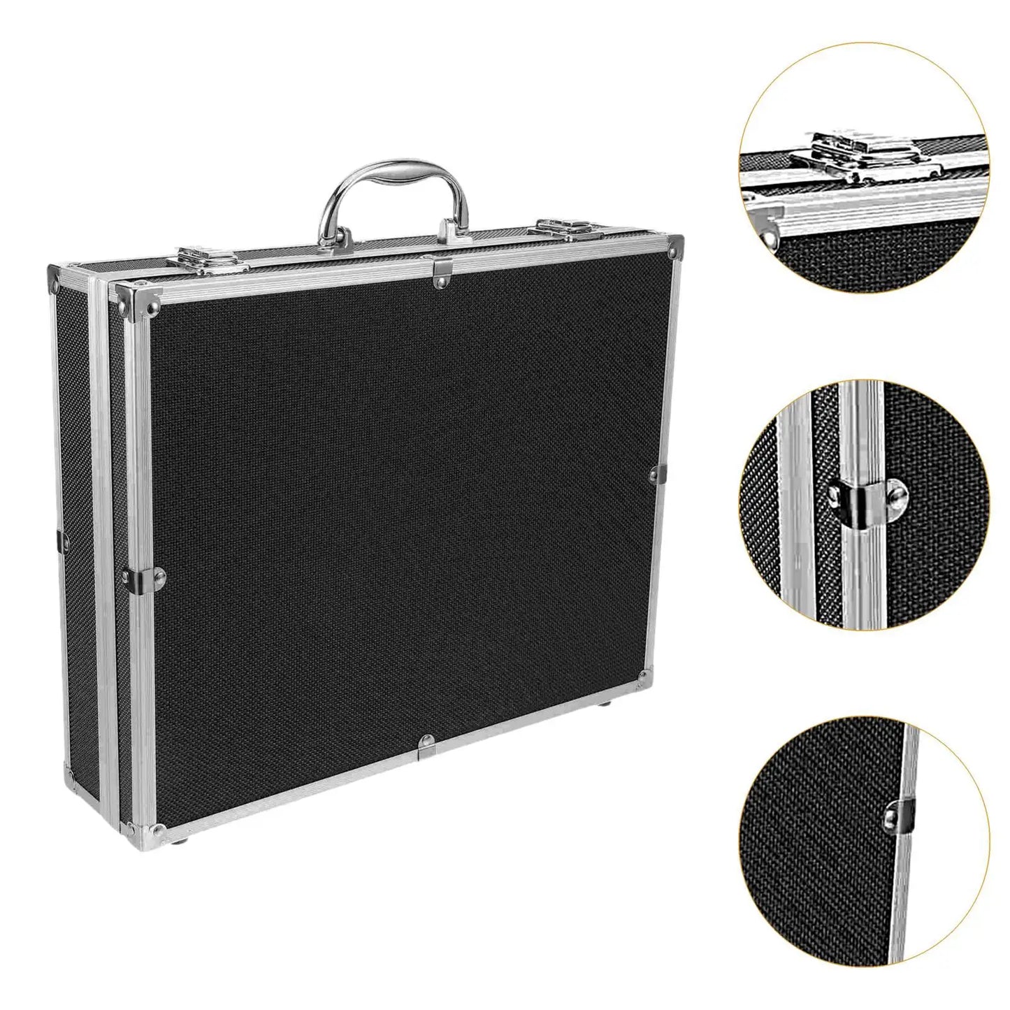 Black textured hard-shell microphone carrying studio case with silver aluminum frame for 4 sponge vocal microphones mics storage broadcast