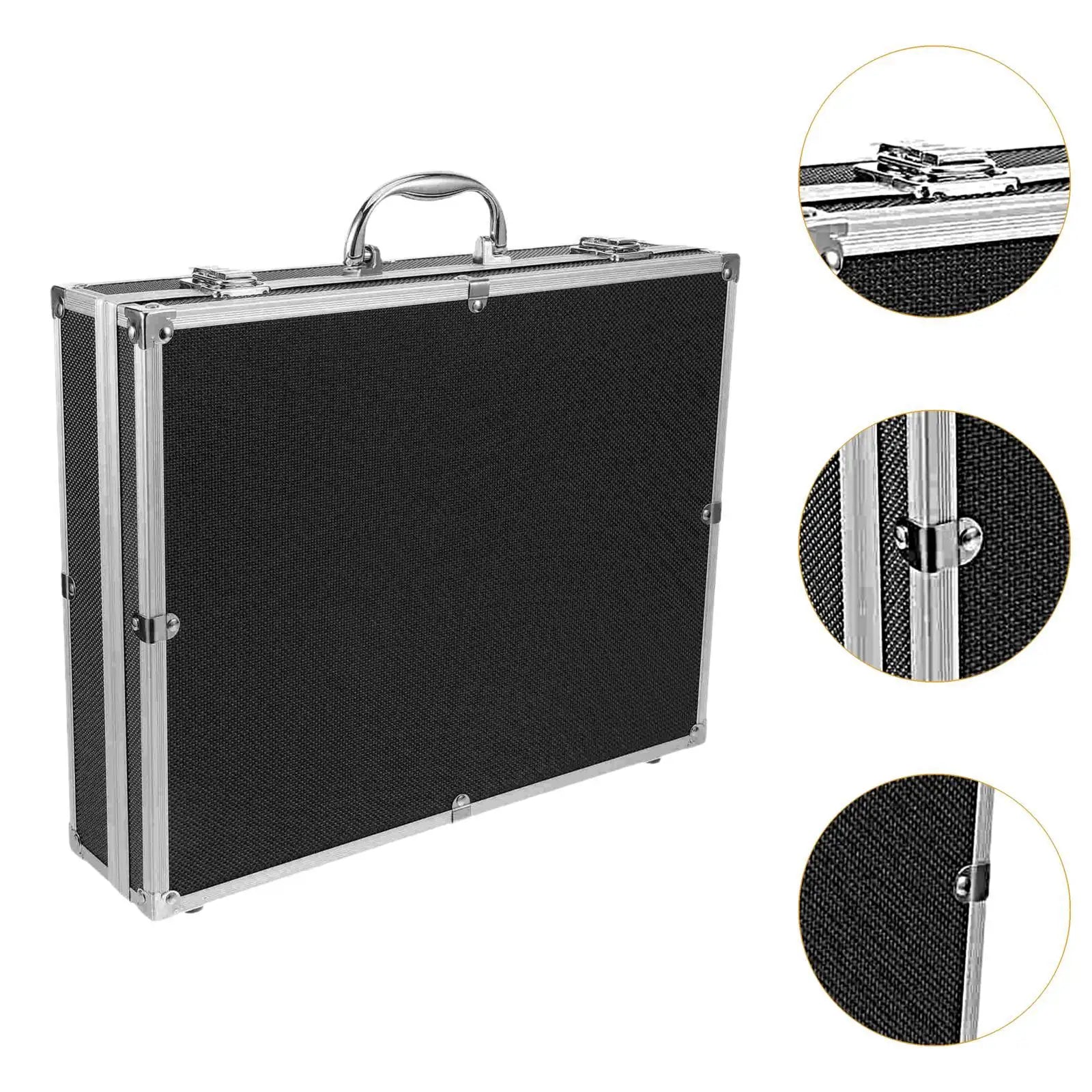 Black textured hard-shell microphone carrying studio case with silver aluminum frame for 4 sponge vocal microphones mics storage broadcast