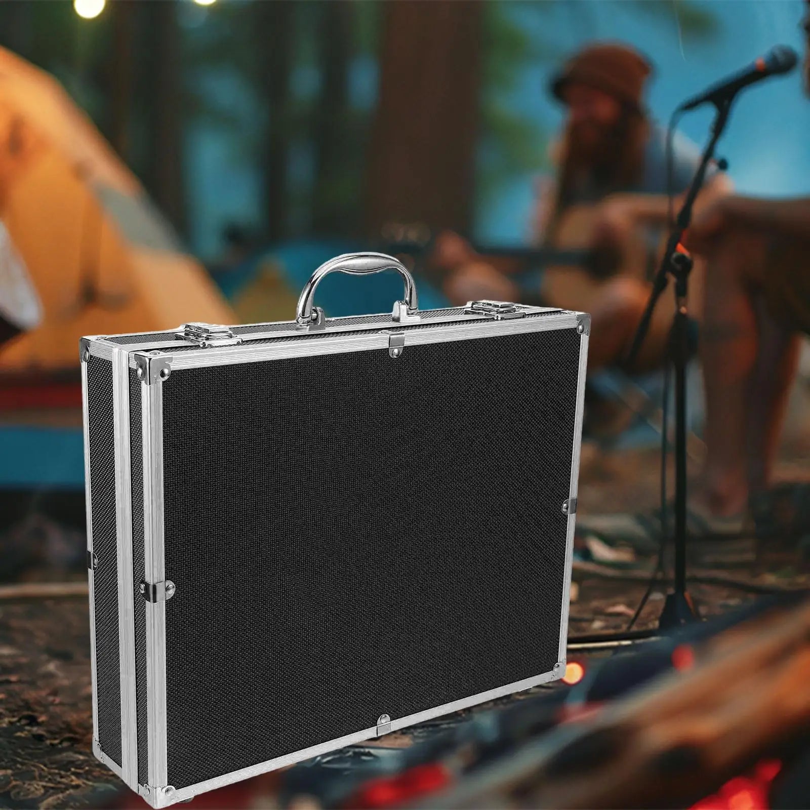 Black textured hard-shell microphone carrying studio case with silver aluminum frame for sponge vocal microphones storage
