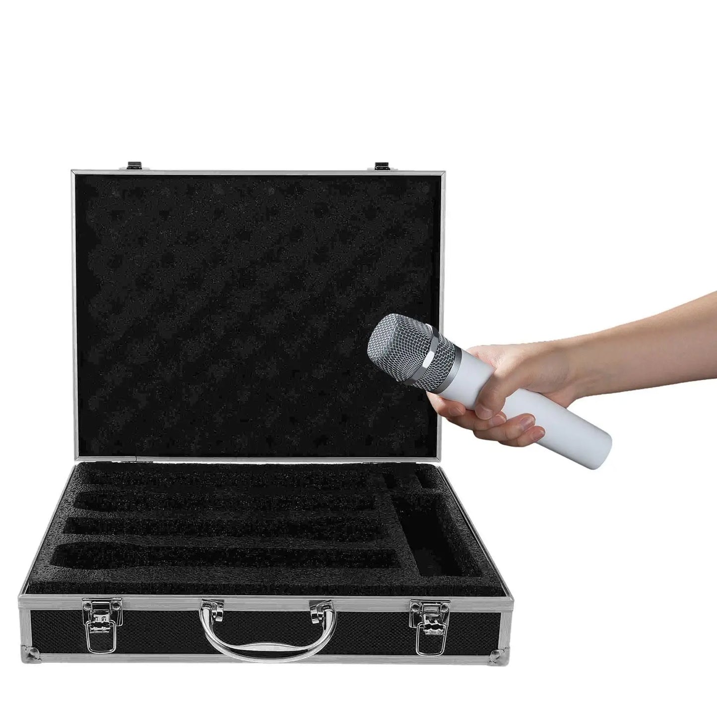 A white handheld microphone with a silver mesh grille held above a black foam-lined microphone carrying studio case for mics storage broadcast