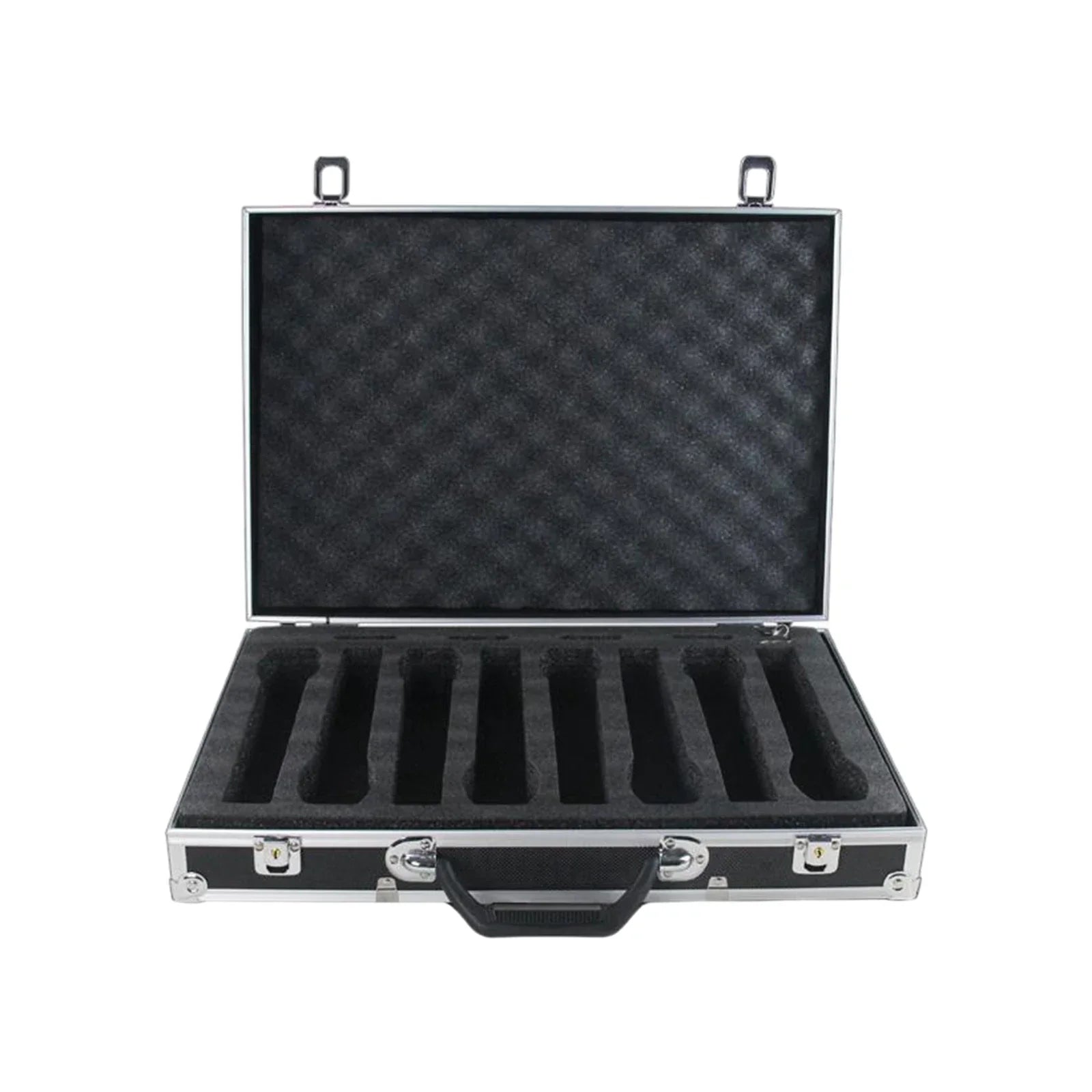 Black aluminum microphone case studio with molded foam interior silver latches professional hard shell impact resistant instrument box