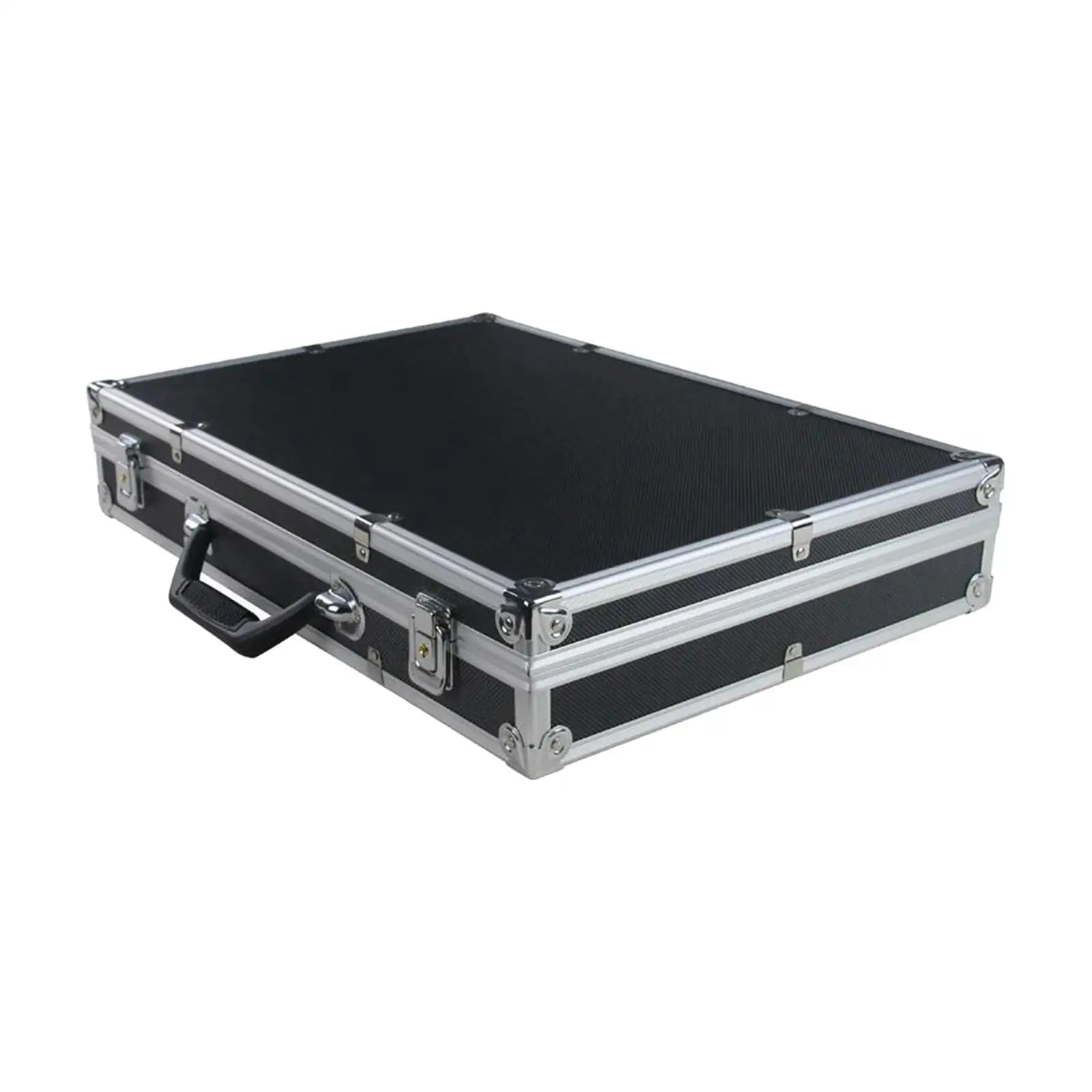 Black hard shell microphone case studio with silver aluminum trim impact resistant instrument box for professional use