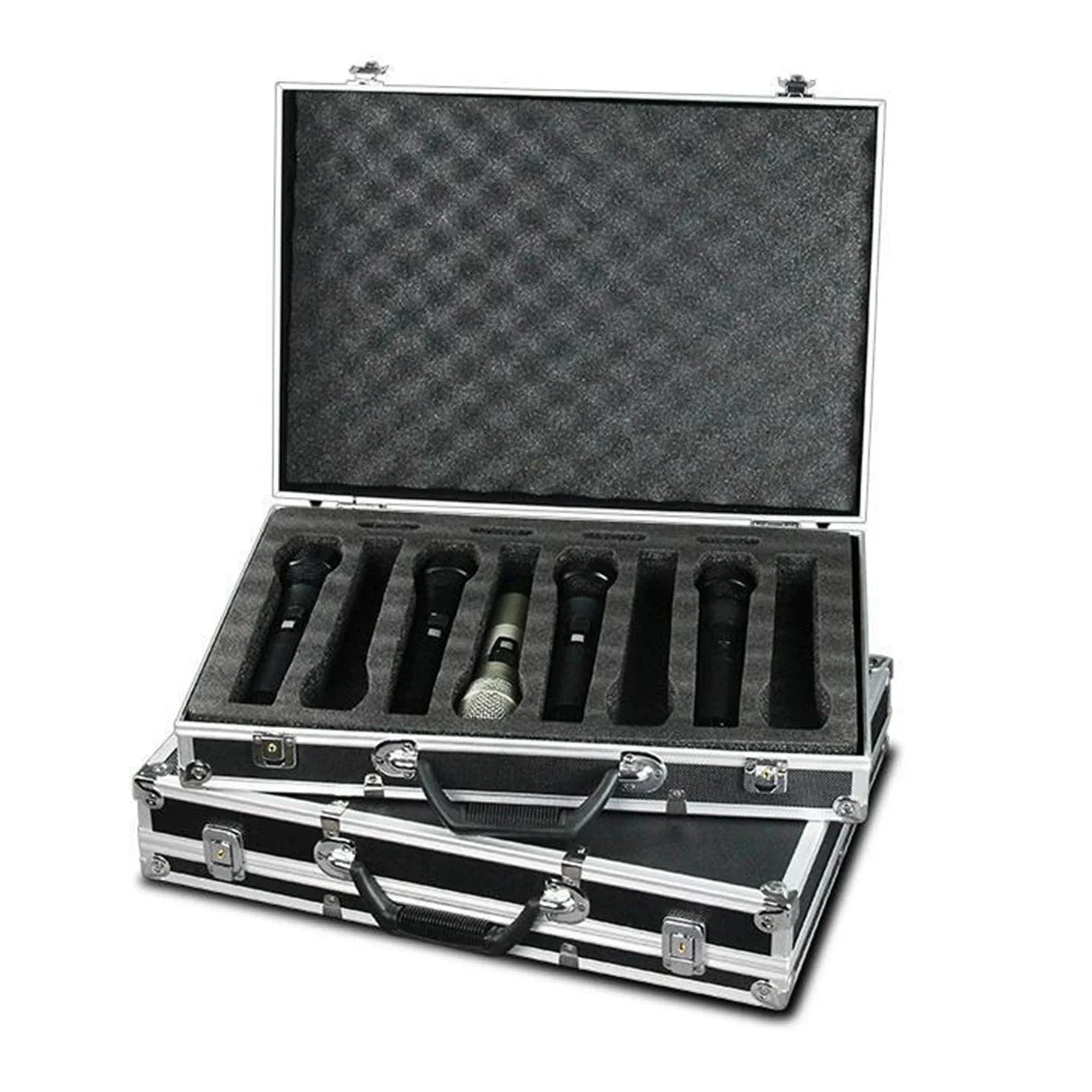 Black and silver aluminum professional hard shell microphone case studio with sponge lining holding five microphones