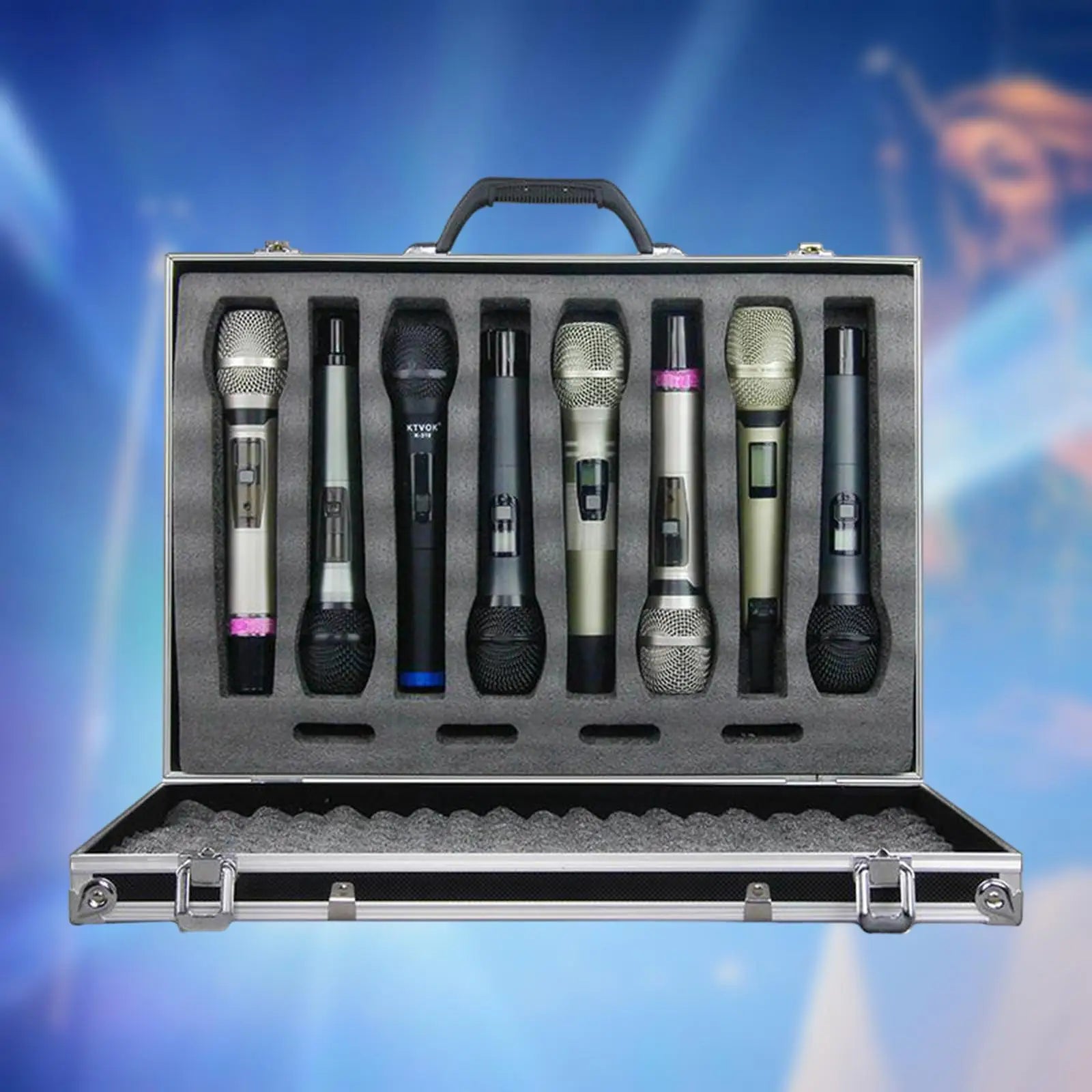 Set of seven wireless microphones in a silver and black professional hard shell microphone case studio with impact resistant lining