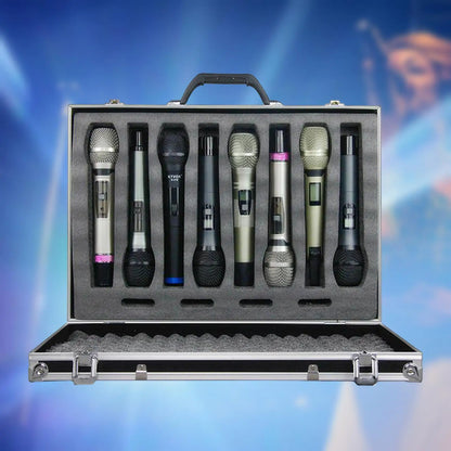 Set of seven wireless microphones in a silver and black impact resistant professional hard shell microphone case studio with sponge lining