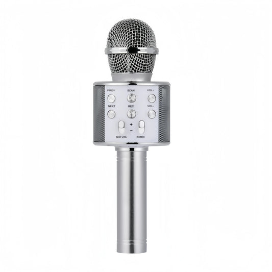 Silver wireless kids voice changing karaoke microphone with mesh grille and playback buttons for party singing gift