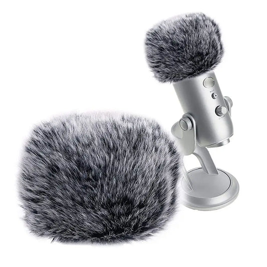 Silver usb microphone with gray furry microphone furry windscreen and pop filter mask for blue yeti microphones