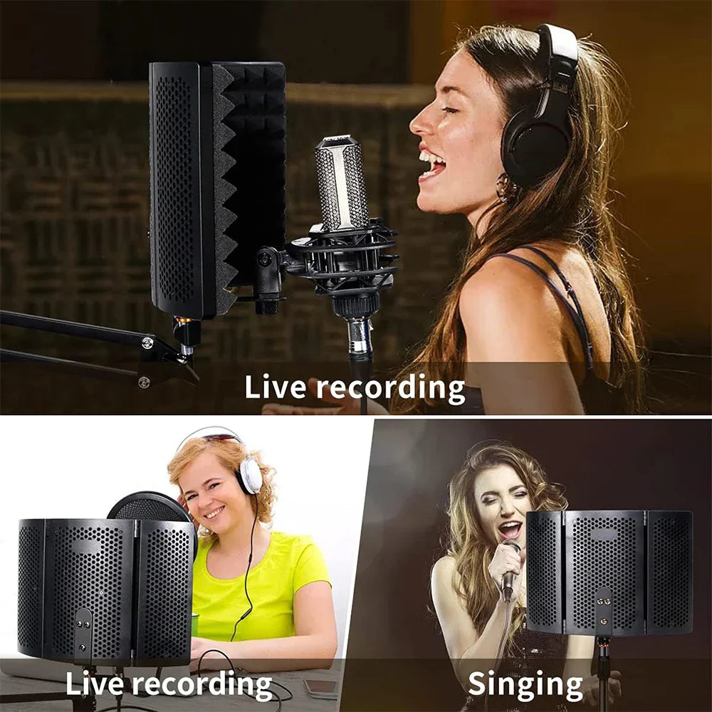 Black perforated microphone pop filter with silver mesh grille and adjustable bracket for foldable isolation hood recording