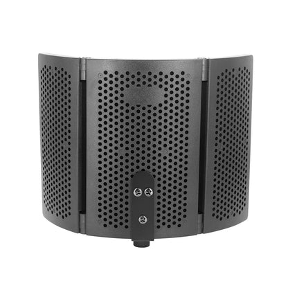 Black perforated three-panel microphone isolation hood with mounting bracket for foldable triple sound isolation recording
