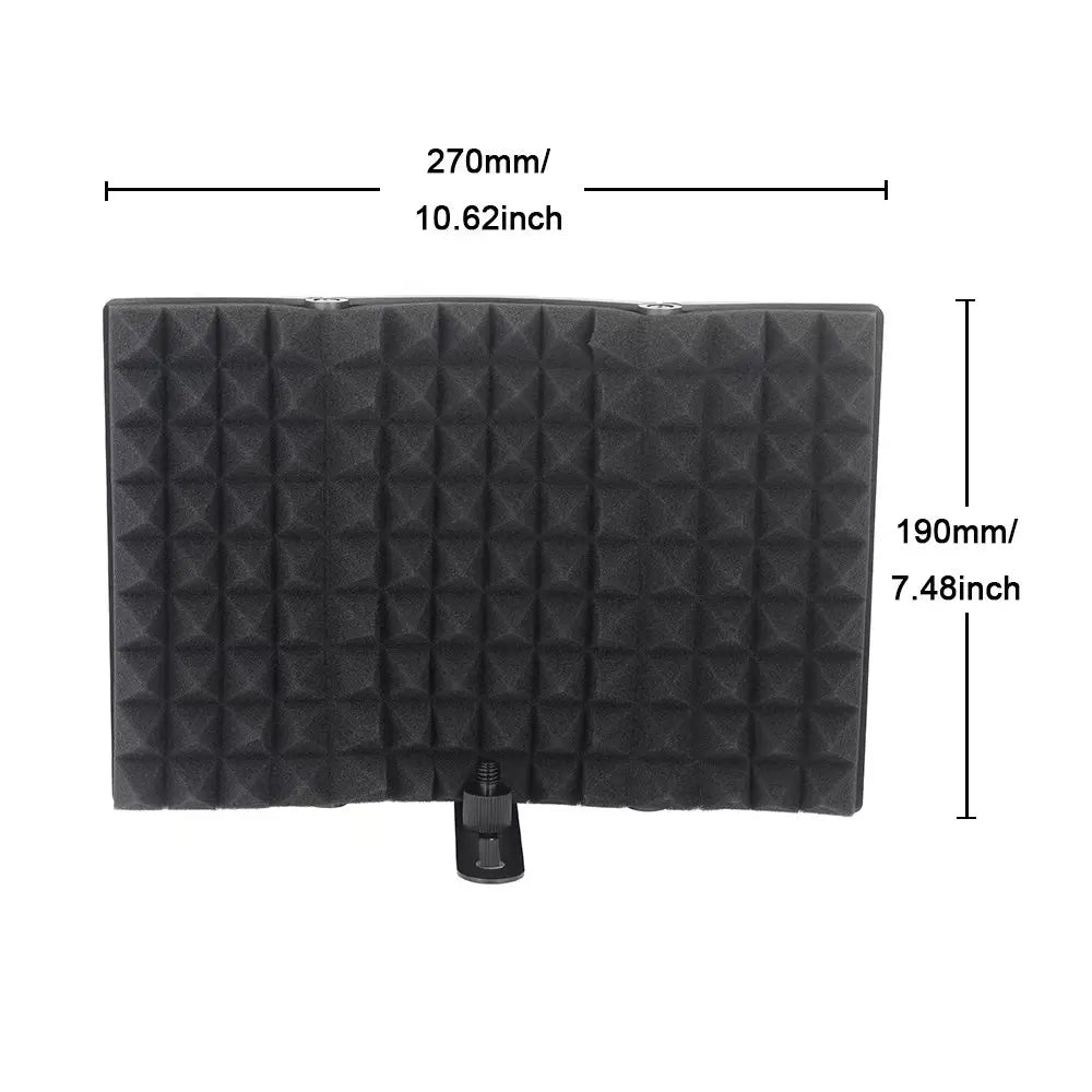 Black rectangular foldable microphone isolation hood with pyramid acoustic foam and mounting bracket for recording equipment