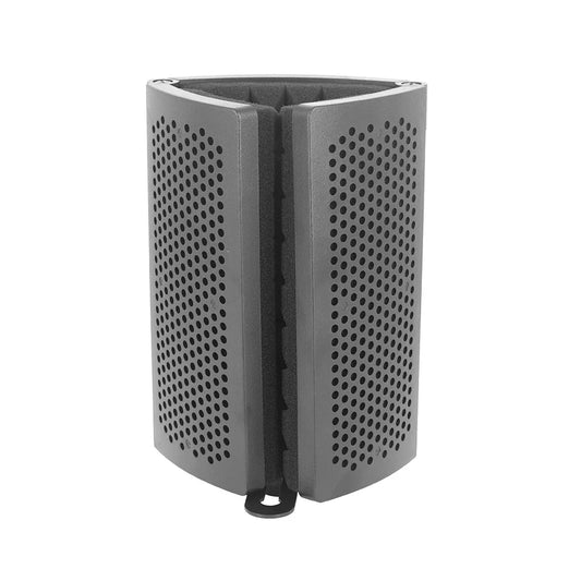 Gray triangular microphone isolation hood with perforated metal exterior and black foam interior for triple sound isolation