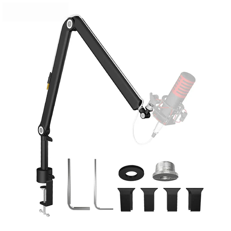 Black adjustable microphone m stand with clamp base and universal rotating arm for live broadcast stand use