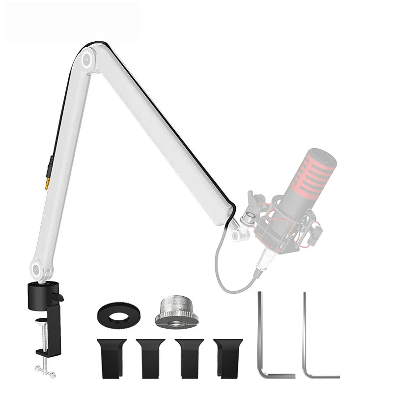 White adjustable microphone m stand with black clamp and accessories featuring universal rotating arm for live broadcast use