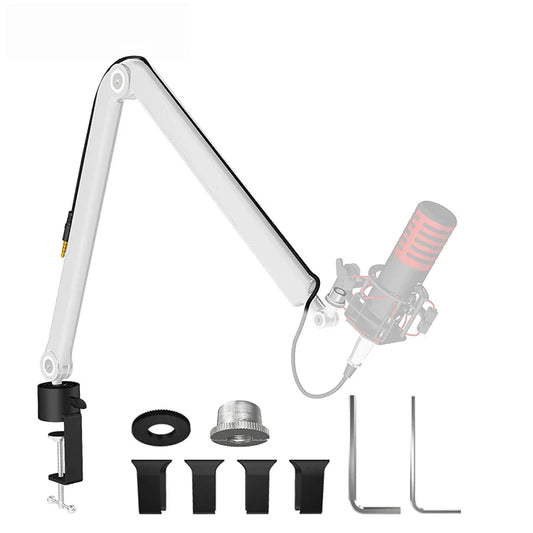 White adjustable microphone m stand with black clamp and accessories featuring universal rotating arm for live broadcast use