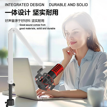 Red and black condenser microphone with shock mount on a white adjustable microphone m stand internet celebrity universal rotating arm