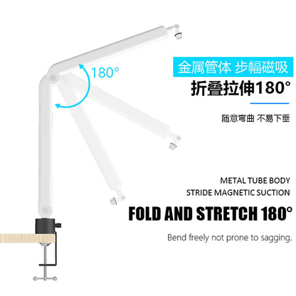 White metal tube microphone m stand with magnetic suction and 180-degree fold for universal rotating arm use
