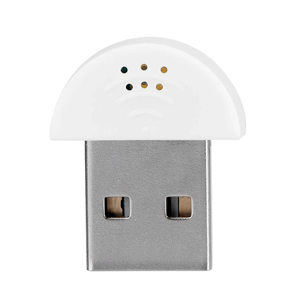 White mushroom-shaped portable usb mini microphone adapter with metallic base and six colored dots for mini studio speech