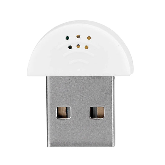White mushroom-shaped portable usb mini microphone adapter with metallic base and six colored dots for mini studio speech