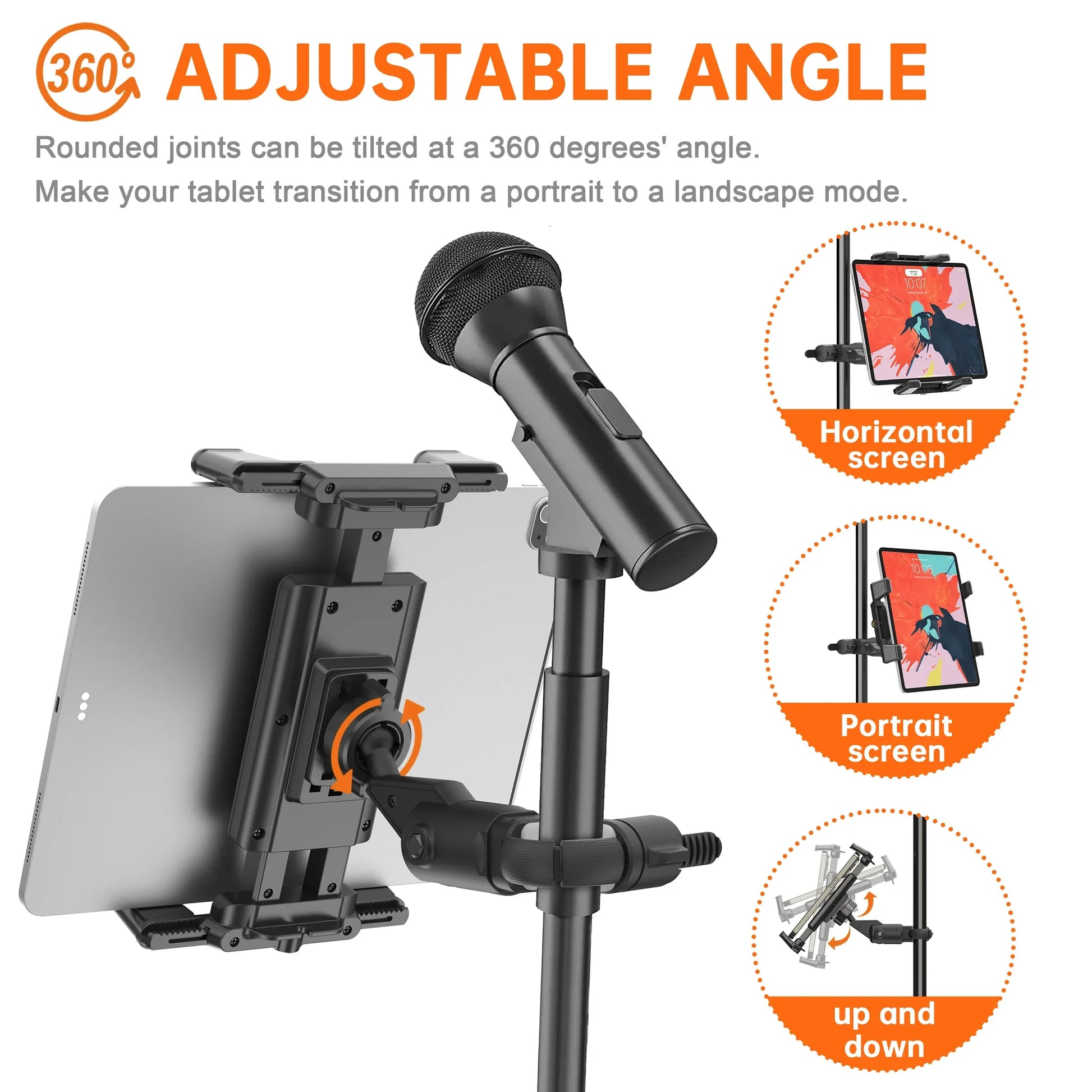 Black adjustable microphone music stand tablet holder with 360-degree rotating joint for iPad and smartphone use