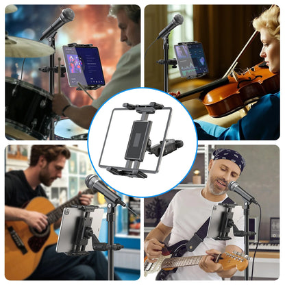 Black adjustable music stand tablet holder with carbon fiber textured grip and clamp for microphone music stand use