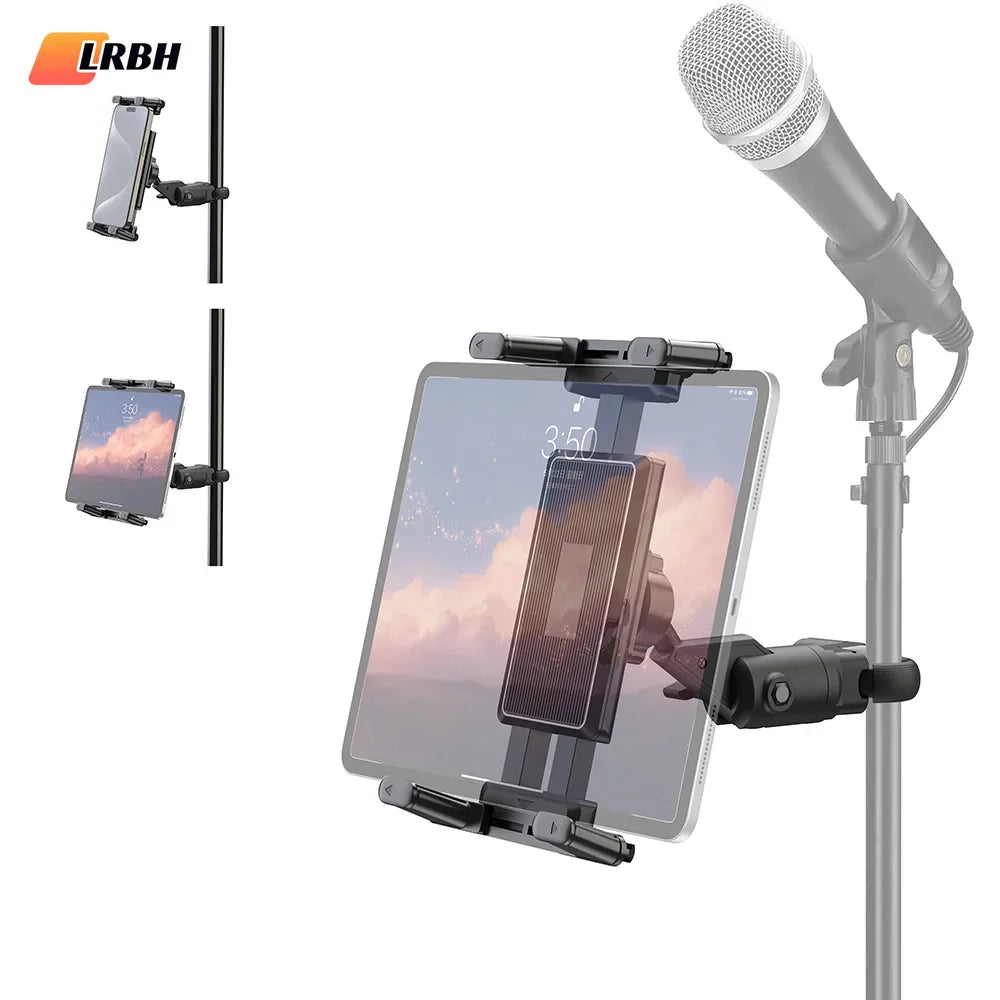 Black adjustable stand tablet holder clamp for microphone music stand fits iPad and smartphones 4.7 to 12.9 inches