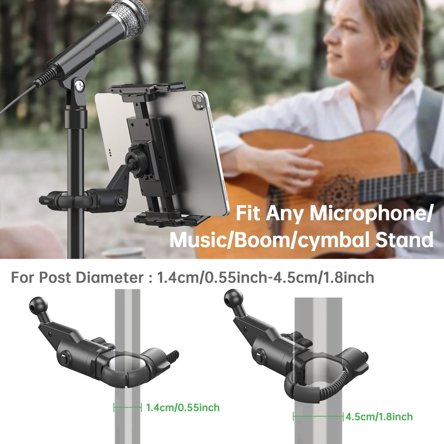 Black adjustable microphone music stand tablet holder for iPad and smartphone fits 4.7 to 12.9 inch screens