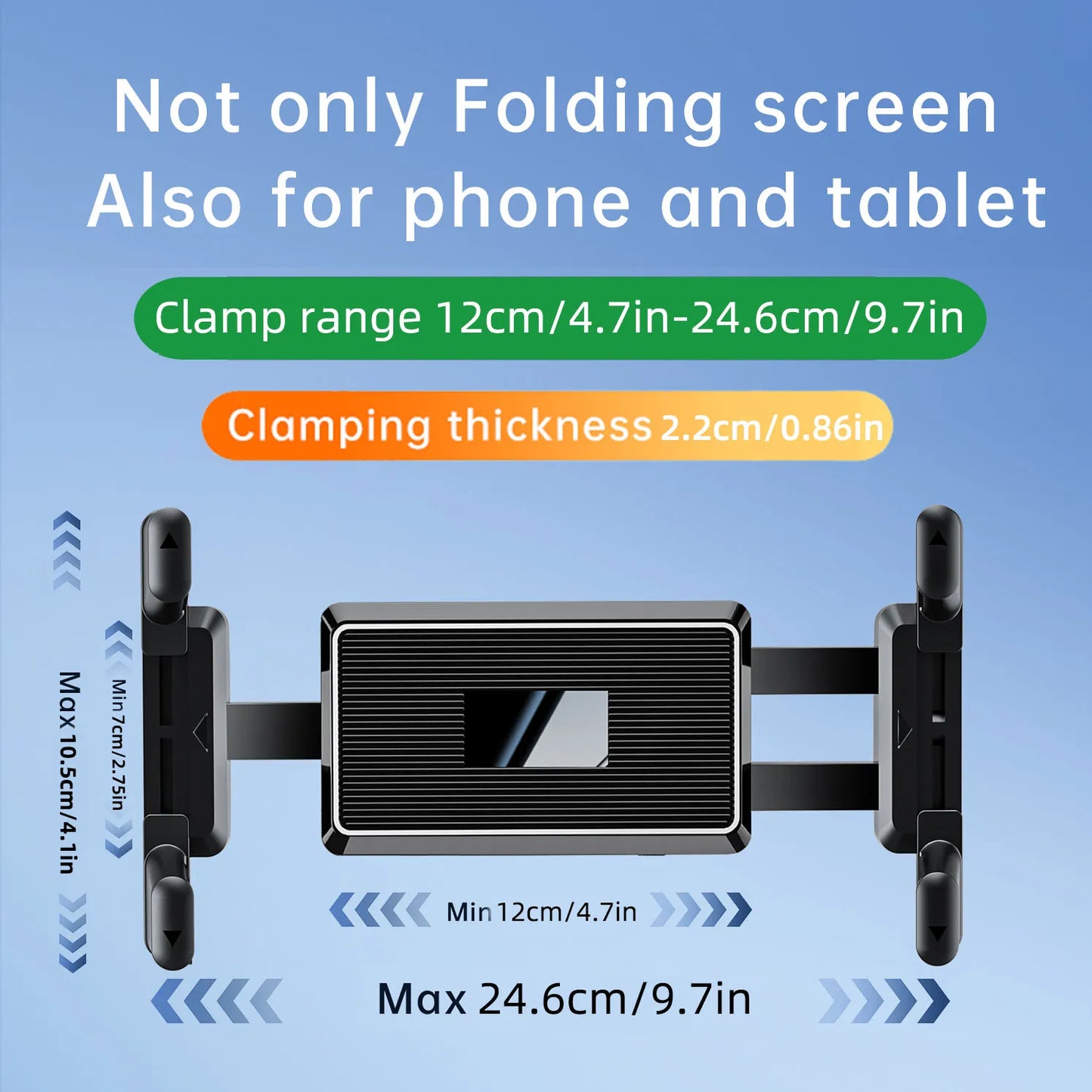 Black folding clamp for microphone music stand securely holds tablets and phones 4.7 to 12.9 inches in size