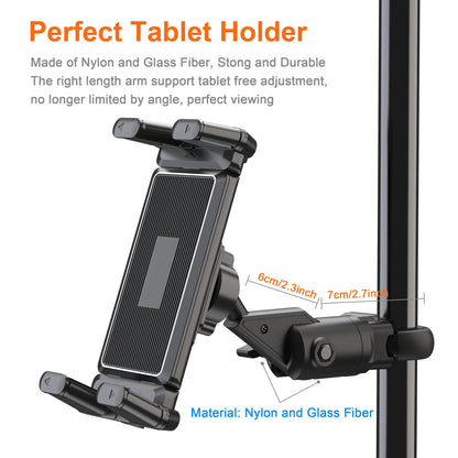 Black nylon and glass fiber microphone music stand tablet holder with adjustable arm for multi-angle device viewing
