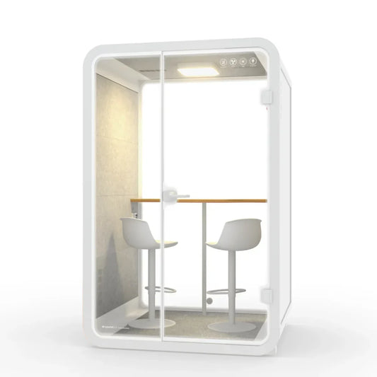 White modern microphone pop sound proof vocal booth with glass doors, wooden countertop, and two white bar stools for studio recording