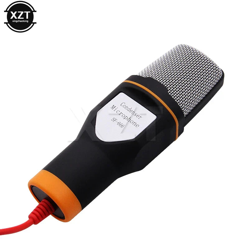 Black and orange XZT SF-686 condenser microphone with silver mesh grille for professional sound podcast studio use on laptop Skype singing