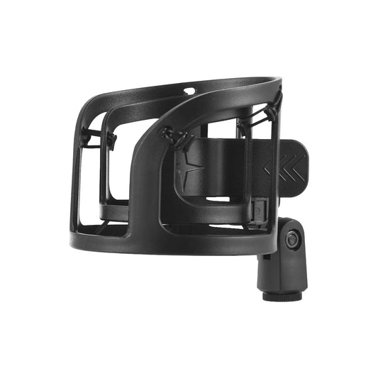 Black plastic microphone shock mount with star-shaped cutout and adjustable clamp for stand recording live broadcast universal use