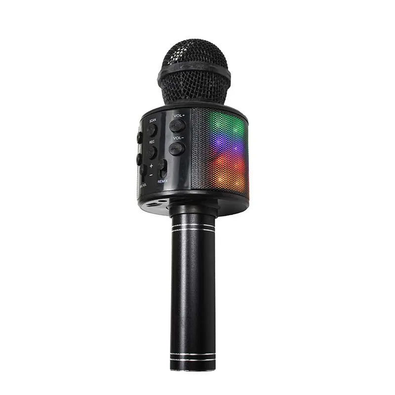 Black wireless karaoke children microphone sound integrated with mesh grille colorful led lights and control buttons for singing