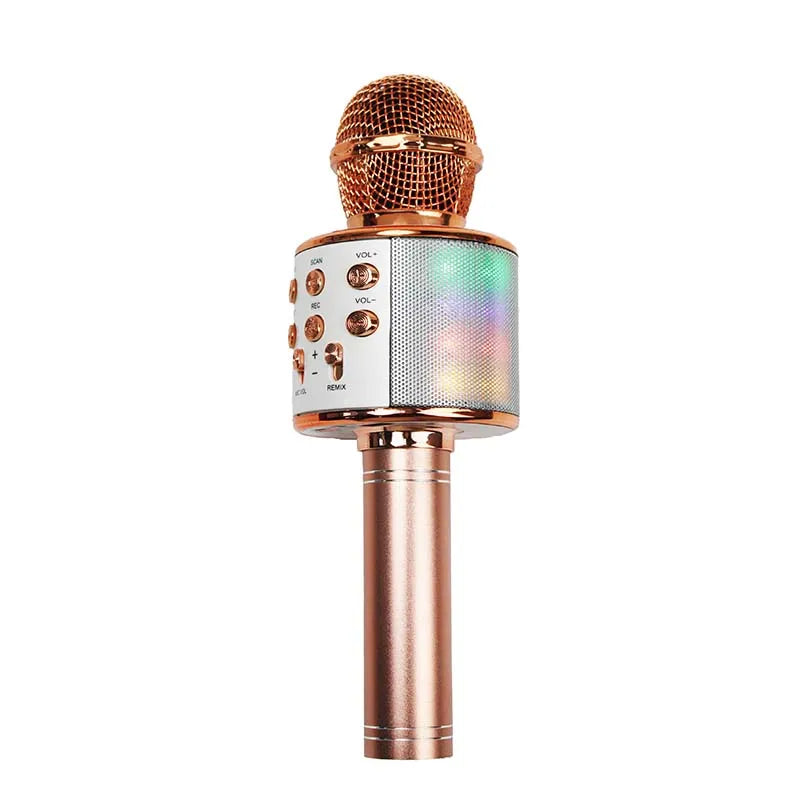 Rose gold wireless karaoke children microphone with sound integrated mesh grille and illuminated control buttons for singing