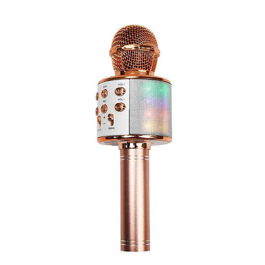Rose gold wireless karaoke children microphone with sound integrated mesh grille and illuminated control buttons for singing