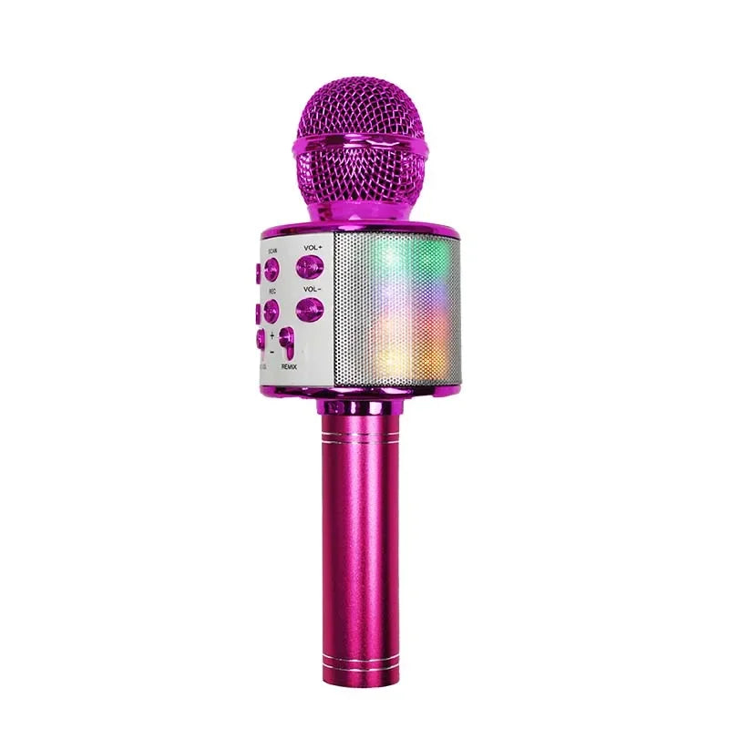 A vibrant pink wireless karaoke children microphone sound integrated with mesh grille and colorful led lights for singing