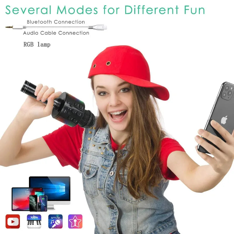 Black wireless karaoke children microphone sound integrated with bluetooth audio cable and rgb lamp for vibrant lighting effects