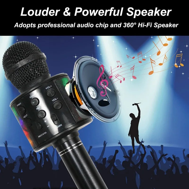 Black wireless karaoke children microphone sound integrated with built-in speaker and colorful led lights for singing